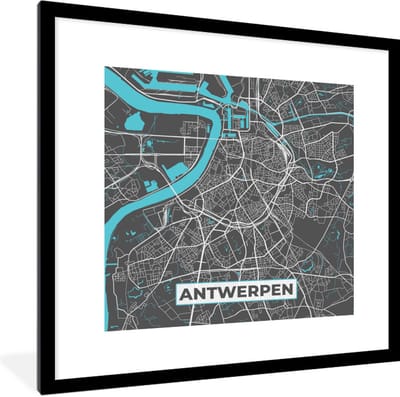 Fotolijst incl. Poster - Stadskaart – Grijs - Kaart – Antwerpen – België – Plattegrond - 40x40 cm - Posterlijst