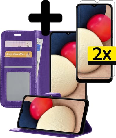Hoesje - Met 2x Screenprotector - Geschikt voor Samsung Galaxy A02s - Luxe Pasjeshouder - Bookcase Portemonee - Flip Case - Kunstleer Book Case - Flipcase Hoes - Book Cover - Walletcase - Portemonneehoes - Telefoonhoesjes - Paars