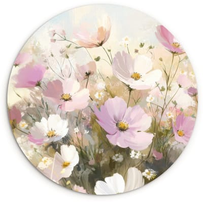 WallCircle® Wandcirkel 120x120 cm - Muurcirkel Bloemenveld - Lichte tinten - Geschilderd - Muurdecoratie woonkamer - Wanddecoratie slaapkamer - Kamer decoratie accessoires - Ronde schilderijen XXL