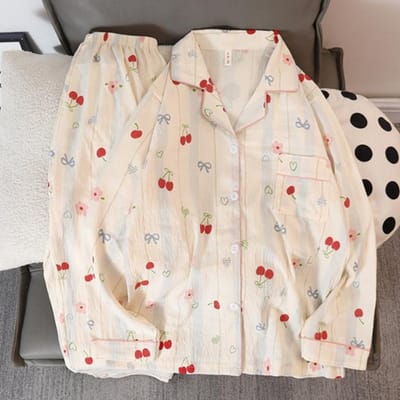 Schattige Kersenbloem Strik Print 2-delige Dames Pyjama Set Knoop V-hals Design Dames Nachtkleding Nieuw Cartoon Kawaii Huispak M white