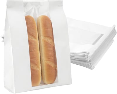 100 Stuks Witte Grote Broodzakken met Venster 35 x 21 x 9 cm, Papieren Zakjes voor Brood, Gebak en Cadeaus