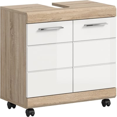 Wastafelkast op wielen in eik en wit - Stijlvolle badkameropslag - 60x56x34cm