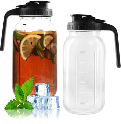 Dailygoods - Glazen karaf 1,8 liter, 2 stuks glazen karaf met deksel en handvat, glazen kan met grote opening, waterkan voor water, sap, thee, melk, koffie