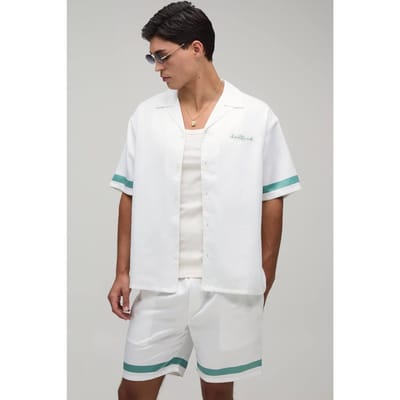 Oversized Shirt Met Korte Mouw En Short Set Met Boordprint In Satijn | Green | Size Small
