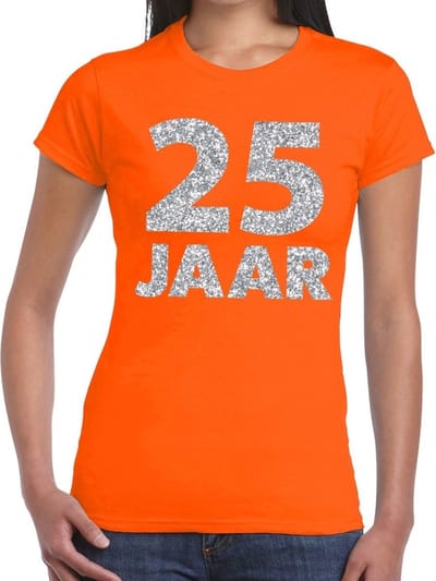 25 jaar zilver glitter verjaardag t-shirt oranje dames - verjaardag / jubileum shirts XS