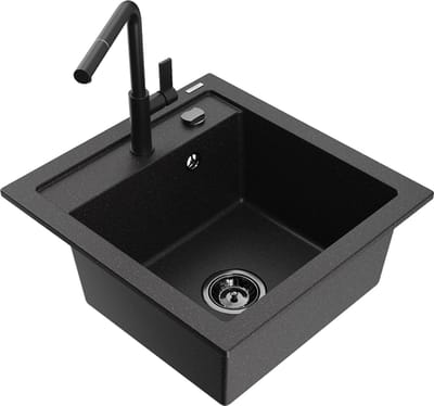 Mexen Vito granieten spoelbak met 1 bak met Flora keukenmengkraan, zwart/zilver metallic - 6503-73-670401-70-B
