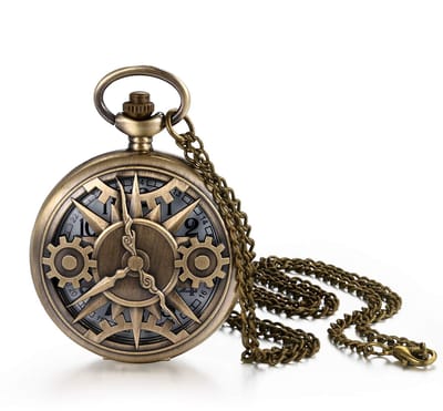 JewelryWe Vaderdagcadeau zakhorloge heren retro tandwiel/schedel/Romeinse cijfers/sterrenbeelden/wereldkaart kettinghorloge analoog kwarts horloge hanger met halsketting ketting brons cadeau voor