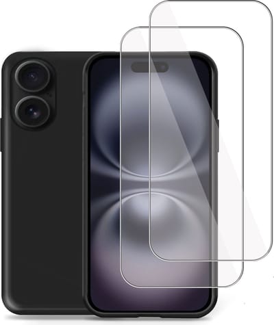 Hoesje + 2x Screenprotector geschikt voor Apple iPhone 16 – Tempered Glass - Liquid Back Case Cover Zwart