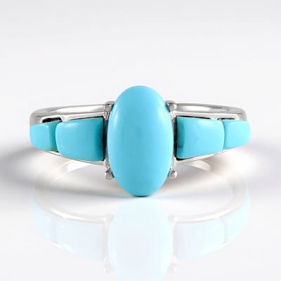 Cavill - Elegante Damesring 925 Sterling Zilver Geplatineerd - Sleeping Beauty Turkoois Ovaal Cabochon 5,04ct - Uniek Design