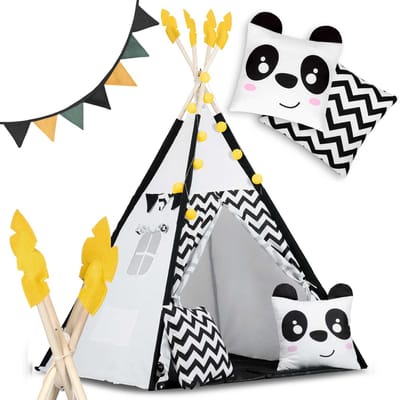 Nukido Tipi Tent voor Kinderen met Slinger en Lichtjes – Wit-Zwart met Panda
