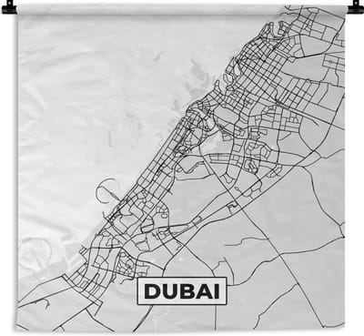 Wandkleed - Wanddoek - Dubai - Stadskaart - Plattegrond - Zwart Wit - Kaart - 180x180 cm - Wandtapijt
