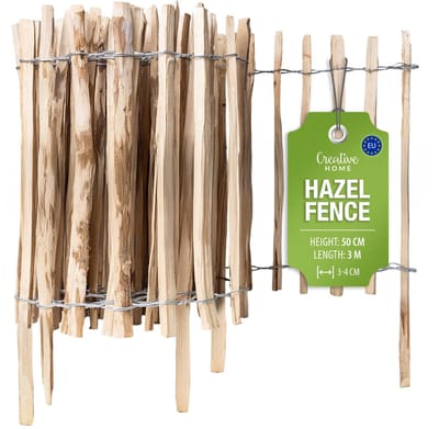 Creative Home houten schutting 50cm hoog en 3m lang | hazelnoot schutting | rolschutting | lamelafstand 3-4 cm | schutting tuin Ideaal als gazonrand bloemperk rand gemaakt van hazelnoot