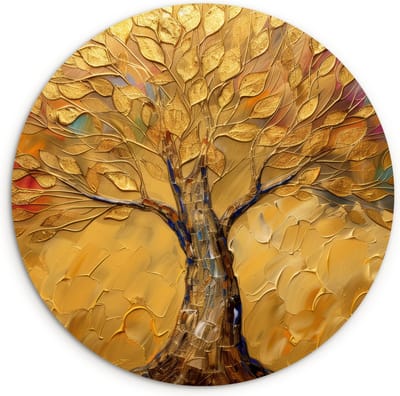 WallCircle® Wandcirkel 120x120 cm - Muurcirkel Goud - Boom - Abstract - Modern - Kunst - Natuur - Verf - Bos - Herfst - Muurdecoratie cirkel woonkamer - Wanddecoratie slaapkamer - Kamer decoratie accessoires - Ronde schilderijen binnen