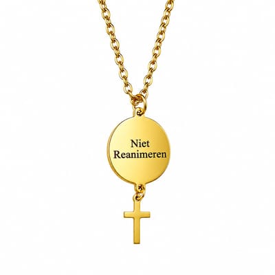 2 Love It Niet Reanimeren – Ketting – Goudkleurig – RVS - Ronde penning met kruis bedel – 50 cm