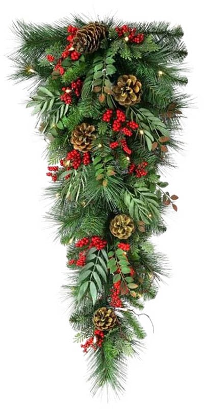 Viv! Christmas Kunst Teardrop Kerstkrans - Gemengde Dennentakken met Rode Bessen en Dennenappels - groen - 81cm