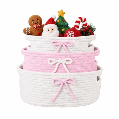 Opbergmanden, gevlochten opbergmand, gevlochten katoenen touw, speelgoedmand, cadeaumand met handgrepen, voor decoratie, organisatie, opslag, gebruikt worden (roze)