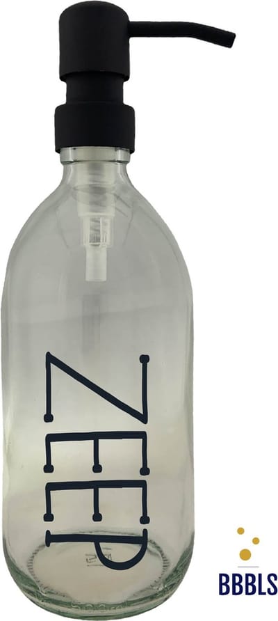 BBBLS® Design Dispenser "Zeep" | Transparant Glas | 500ml | RVS / Metaal Pomp Zwart | Zeeppomp | Zeepdispenser | Zeephouder