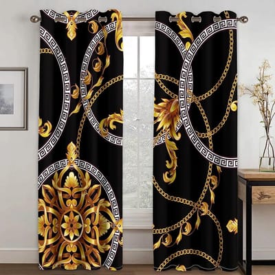 3D Print Modern Luxe Merk Design Zwart en Goud Patroon Dunne Verduisterende Polyester Gordijn voor Woonkamer Slaapkamer Decor Haken W50H130(CM)x2pcs&Grommet Top white