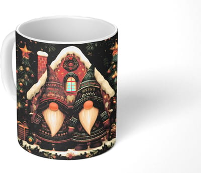 Mok - Koffiemok - Kerst - Gnomen - Peperkoekhuisje - Rood - Groen - Mokken - 350 ML - Beker - Koffiemokken - Theemok