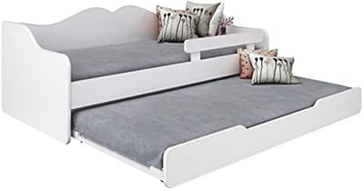 Kinderbed Tweepersoonsbed Met Lattenbodem en Matrassen - Uittrekbaar en Opklapbaar - Wit 160x70cm
