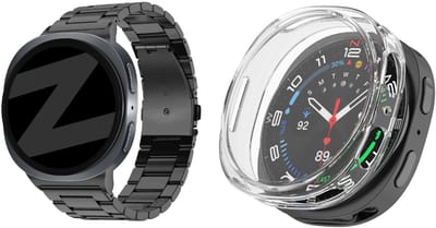 Bandz Bundel – RVS Schakelband ‘Classic’ Zwart (inclusief Inkortset) + Strap-it Soft Case Transparant geschikt voor Samsung Galaxy Watch 8 (44mm)