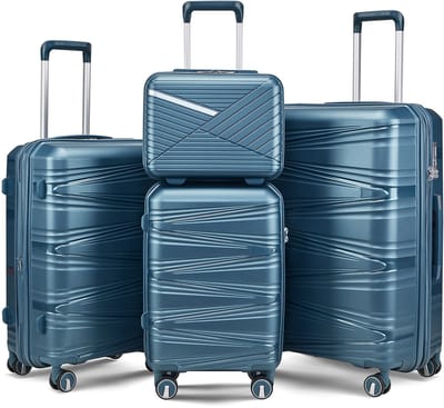 4-delige Kofferset – Afneembare zwenkwielen - Handbagage & Check-in Koffers –14 inch / 20 inch / 24 inch / 28 inch – Cijferslot – 360° Geruisloze Wielen – Lichtgewicht & Stevig – Modern Design - Pauwblauw