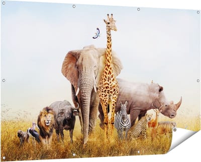 Gards Tuinposter Afrikaanse Dieren op het Gras - Afrika - 150x100 cm - Tuindoek - Tuindecoratie - Wanddecoratie buiten - Tuinschilderij
