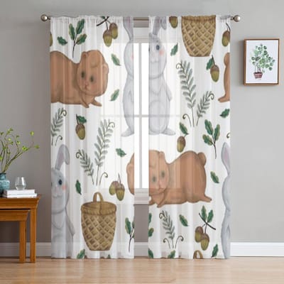 Beer Konijn Mand Varen Eikel Chiffon Transparante Gordijnen voor Woonkamer Slaapkamer Keuken Decoratie Raam Voiles Tule Gordijn 135W x 114H(cm) white
