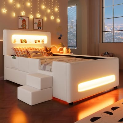 Sweiko Kinderbed - 90 x 200 cm - Met trap - Lade - LED-stripverlichting - USB-oplaadpunt - Wit