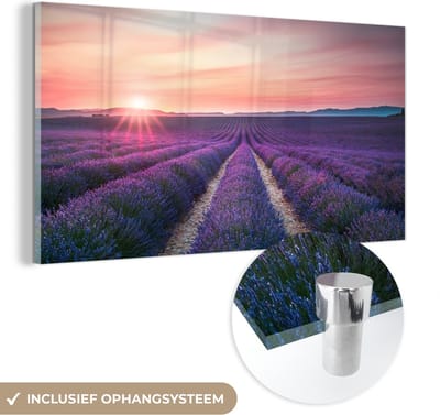 MuchoWow® Glasschilderij 40x20 cm - Schilderij acrylglas - Lavendel - Paars - Bloemen - Lucht - Foto op glas - Schilderijen
