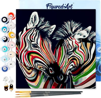 Figured'Art Mini Schilderen op Nummer Volwassenen 20x20cm met lijst Paar kleurrijke zebra's - Klein Formaat Creatieve Hobby Kit DIY Art Nummer Compleet