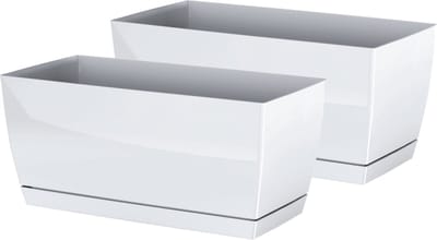 Prosperplast Plantenpot/bloempot met opvangschaal - 2x - kunststof - parel wit 24 x 12 x 11 cm - binnen/buiten