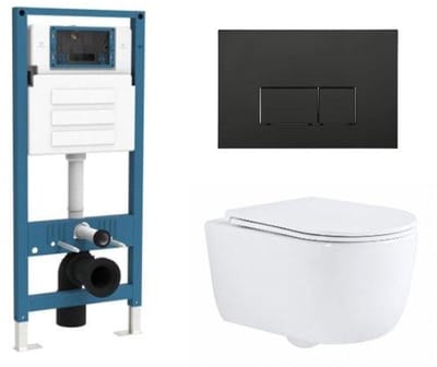 QeramiQ Dely Swirl Toiletset - inbouwreservoir Qeramiq Flush - slim zitting - kunststof mat zwarte bedieningsplaat - rechthoekige knoppen - glans wit