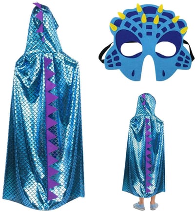 Dailygoods- Dinosauruskostuum met blauwe cape - Dinosaurus masker - Verkleed kostuum - Themafeest - 110 x 90 cm - Lichtgewicht materiaal - Verkleedkostuum
