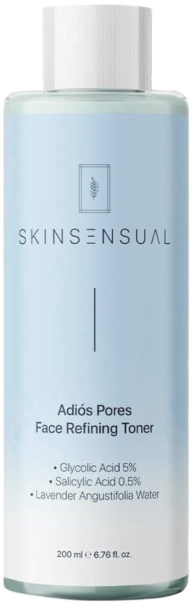 Skin Sensual Adios - Toner voor Poriënverfijning met Glycolzuur 5%, BHA (Salicylzuur 0,5%), Talgbalans, Zuiverende & Verhelderende Tonic, Tegen Donkere Vlekken en Acne-mee-eters, Poriën Reiniger, Blackhead, Voor Huidtypes, Vegetarisch - 200 ml