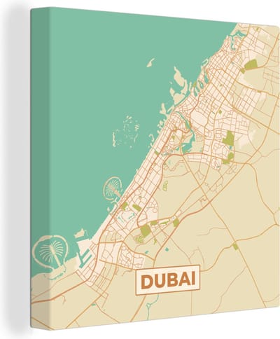 Canvas Schilderij Dubai - Kaart- Stadskaart - Plattegrond - Vintage - 20x20 cm - Wanddecoratie