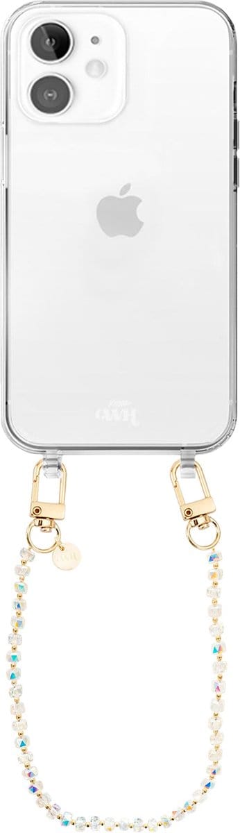 xoxo Wildhearts siliconen hoesje geschikt voor iPhone 12 hoesje - Crystal (Transparant) - Telefoonhoesje - Hoesje met koord - Kristal ketting - Kristallen met gouden details - kort telefoonkoord - Transparant hoesje