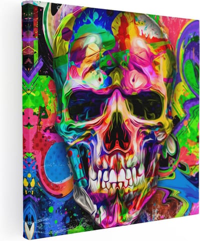 Artaza Canvas Schilderij Pop Art Skull - 30x30 cm - Klein - Wanddecoratie Abstract - Muurdecoratie Kleurrijk - Kamer Accessoires
