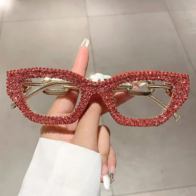 Premium Diamant Strass Retro Stijl Designer Zonnebril Voor Vrouwen Voor Vrouwelijke Zonlicht Bril Punk Populaire Ketting Feest Tinten UV400