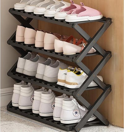 Opvouwbaar Schoenenrek - Schoenenstandaard Bamboe - Schoenen Organiseren - Milieuvriendelijk Bamboe - 70cm 4 Lagen - Zwart