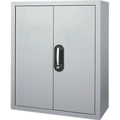 Magazijnkast - B 700 x D 300 x H 830 mm - 6 legborden - 42 bakken - met deuren - blank alu