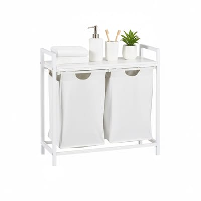 Wasmand met 2 vakken - 92 liter - plank - wit-grijs