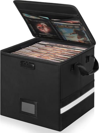 Brandveilige vinyl platen opbergdoos met slot, waterbestendig voor 12" albums, geschikt voor 50+ singles, opvouwbare crate voor platenverzameling, groot formaat