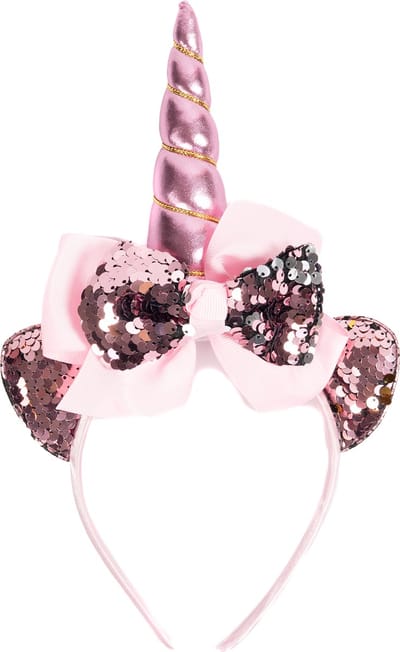 KIMU® Eenhoorn Strik Haarband Roze Pailletten - Unicorn Diadeem Met Oortjes En Strikje - Roze Hoorn Zilver Lint Pailletten Glitter Glans Festival