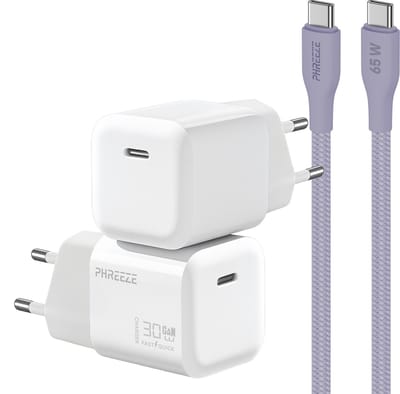 Power Delivery oplader met 30w usb C poort met usb C kabel 1m paars