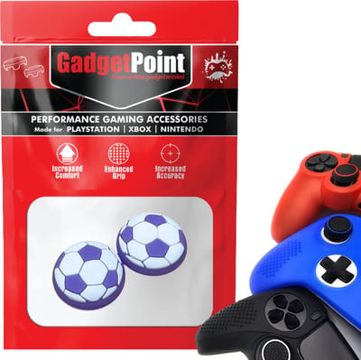 Gadgetpoint - Thumb Grips voor PlayStation, PS5, Xbox X/S, One & Switch Pro Controller - Gaming Thumbgrips - Performance Anti-Slip Thumbsticks - Bescherming Accessoires - Voetbal - Wit met Paars