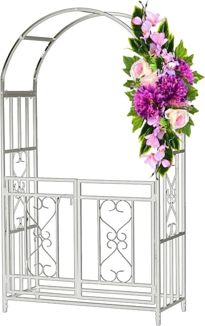 Rozenboog met poort - Tuinboog metaal - Tuin decoreren - Weerbestendig metaal - 210 x 114 x 52 cm - Wit