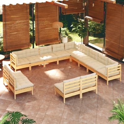 vidaXL - 13-delige - Loungeset - met - crèmekleurige - kussens - grenenhout
