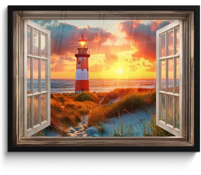Poster in lijst - Fotolijst 80x60 cm - Posters - Doorkijk - Raam - Vuurtoren - Zonsondergang - Strand - Posterlijst zwart - Decoratie - Wanddecoratie woonkamer - Muurdecoratie slaapkamer
