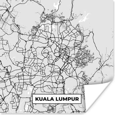 Poster Kaart - Kuala Lumpur - Stadskaart - Plattegrond - Zwart Wit - 100x100 cm XXL